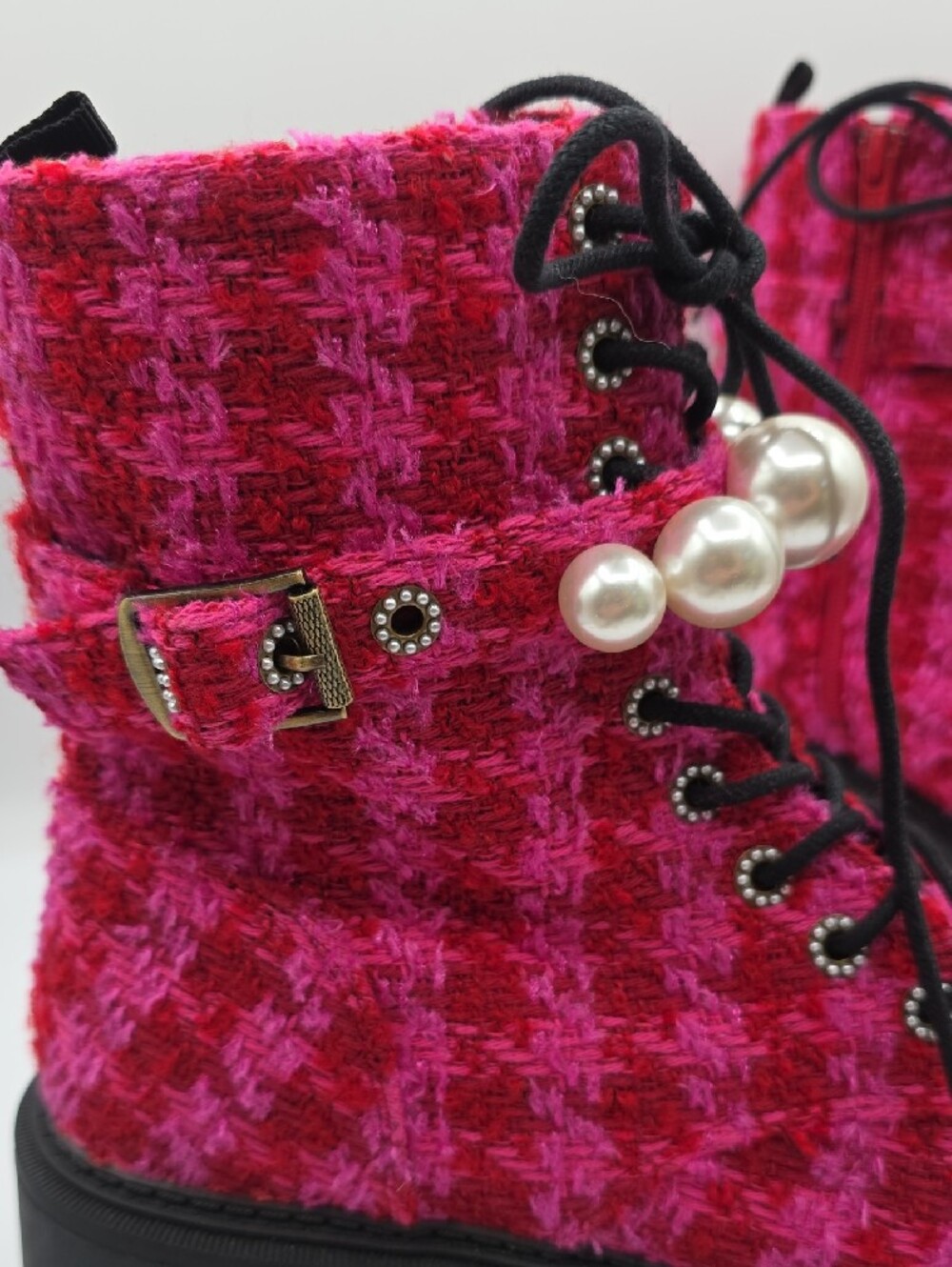 Betsey Johnson Jonnie Hot Pink & Red Tweed Lace-Up Combat Boots w/Pearl Accent - Picture 13 of 15